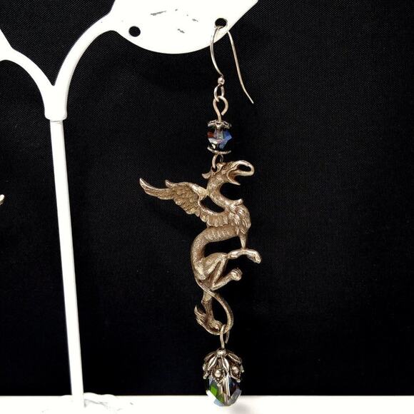 Vintage Dragon Silver Tone Long Earrings, Aurora Borealis Crystal Beads 1970s - Picture 3 of 10